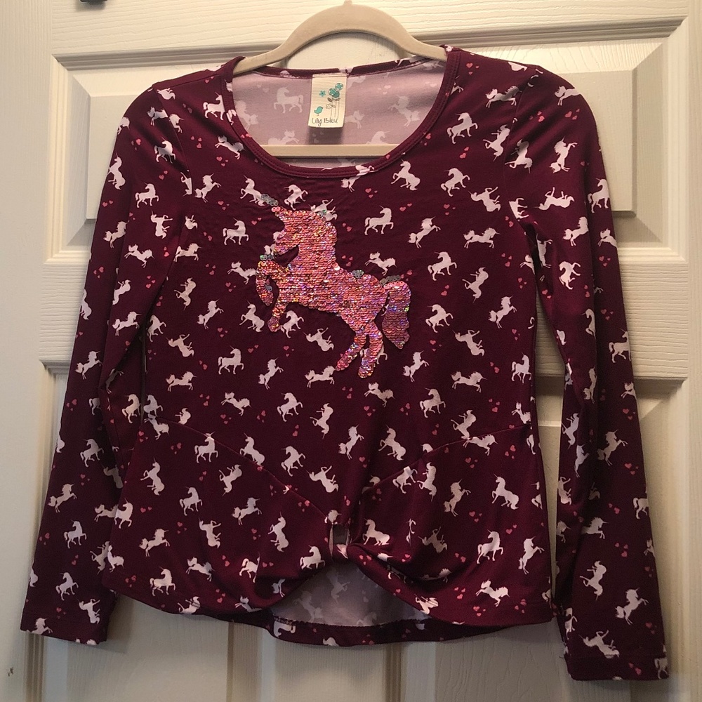 Lily Bleu Unicorn Print and Sparkle Sequin Unicorn Shirt Girls Size  L  (14)